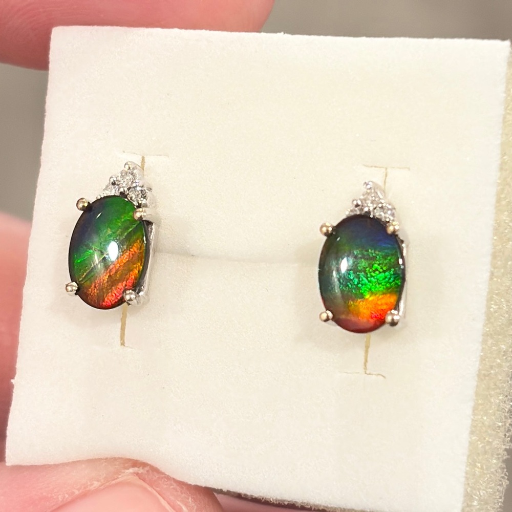 14K Ammolite Earrings Diamond Accent White Gold Rainbow AAA Oval Solitaire Studs - Picture 11 of 15